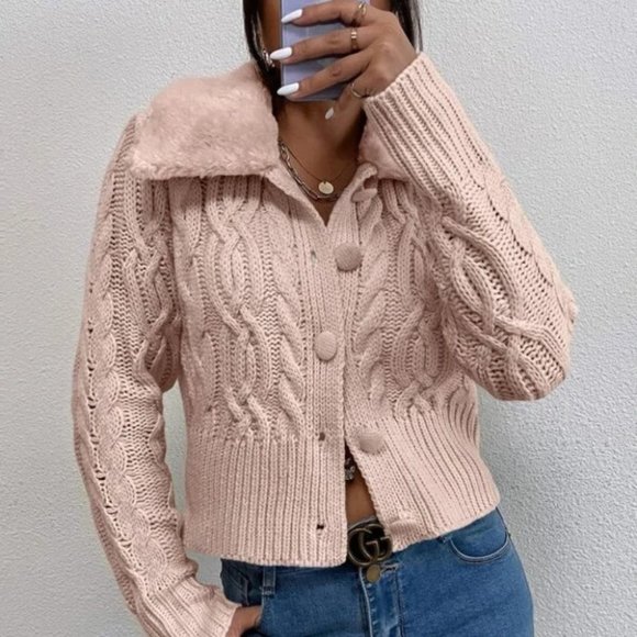 PINK TEDDY COLLAR BUTTON DOWN CABLE KNIT CARDIGAN - Picture 5 of 6